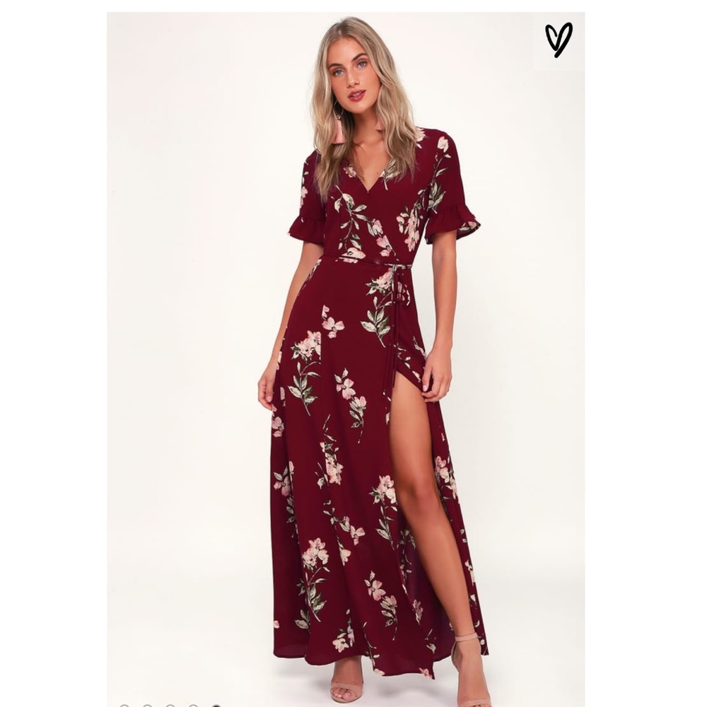 Burgundy Floral Wrap Maxi Dress - Picture 3 of 8